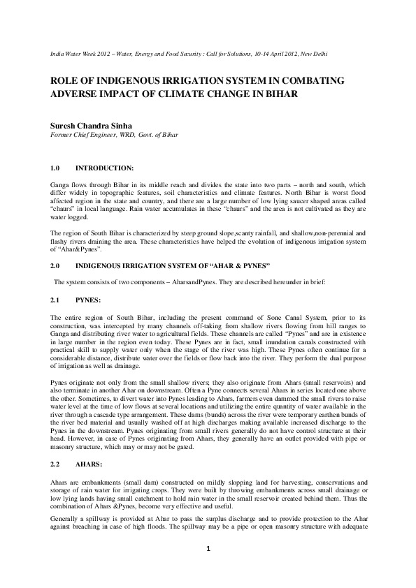 Role of Indigenous Irrigation System in Combating Adverse Impact of Climate Change in Bihar