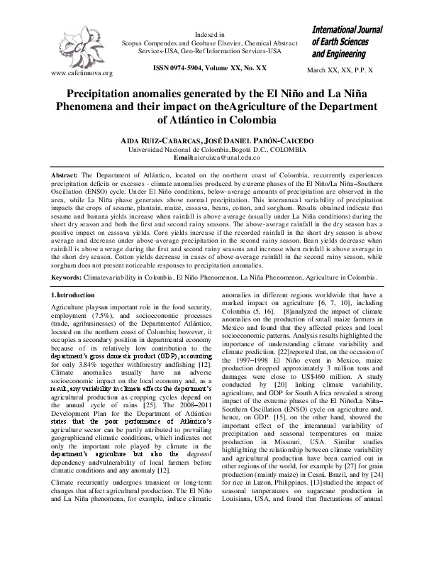 Precipitation anomalies generated by the El Niño and La Niña Phenomena and their impact on theAgriculture of the Department of Atlántico in Colombia