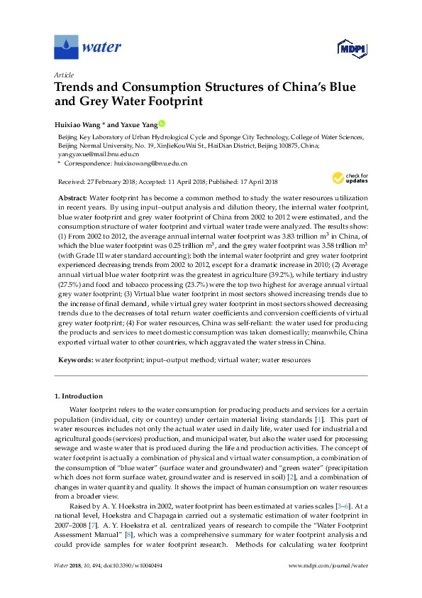 Trends and Consumption Structures of China’s Blue and Grey Water Footprint