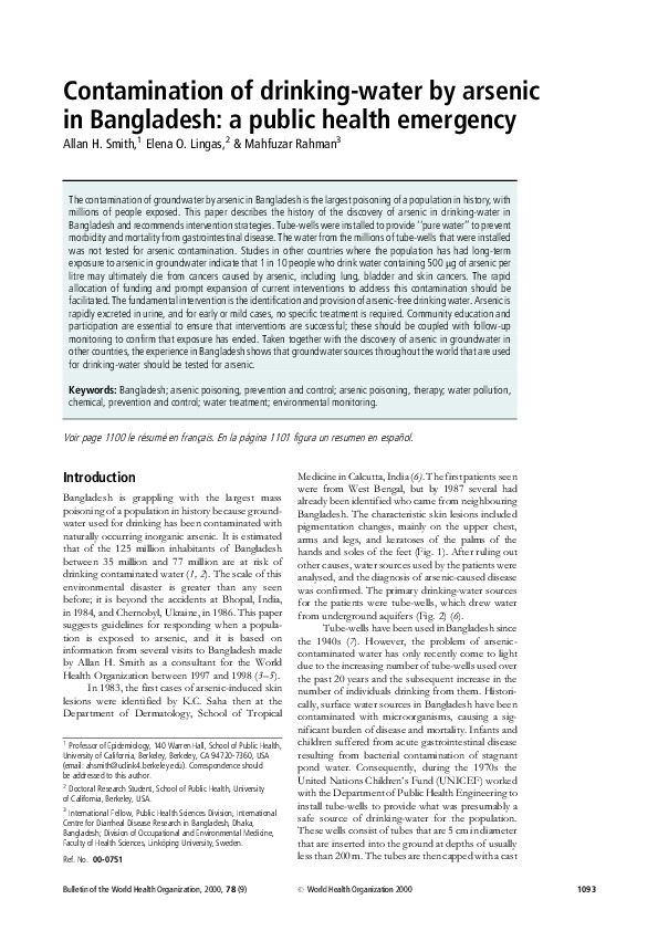 Contamination of drinking-water by arsenic in Bangladesh: a public health emergency