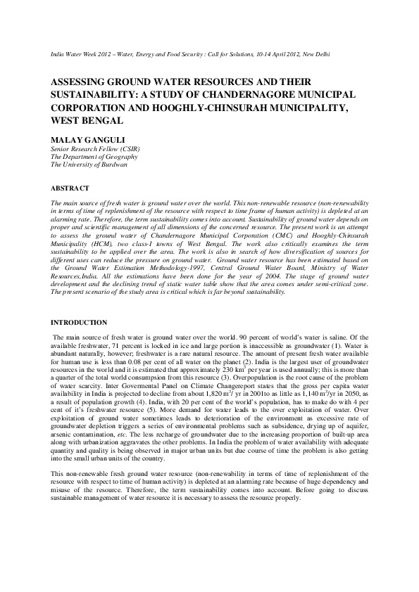 Assessing Ground Water Resources and their Sustainability: A Study of Chandernagore Municipal Corporation and Hooghly-Chinsurah Municipality, West Bengal