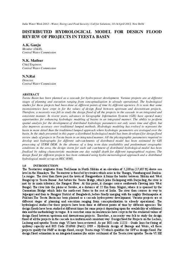 Distributed Hydrological Model for Design Flood Review of Projects in Teesta Basin