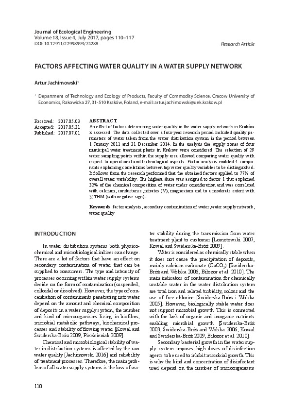 Factors Affecting Water Quality in a Water Supply Network, 2017