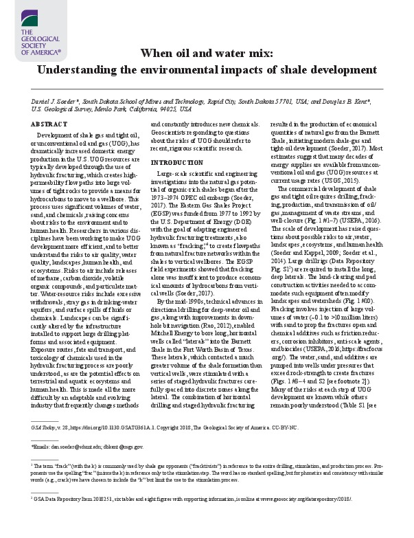 Understanding the Environmental Impacts of Shale Development - New GSA Paper