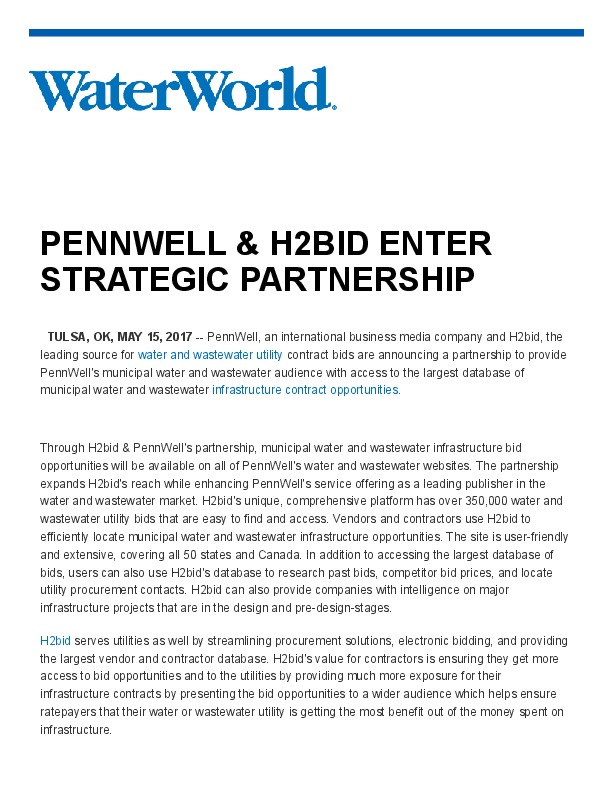 PENNWELL & H2BID ENTER STRATEGIC PARTNERSHIP PennWell, an international business media company and H2bid, the leading source for water and waste...