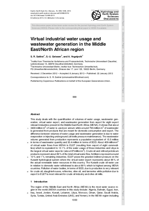 Virtual industrial water usage and wastewater generation in the Middle East/North African region