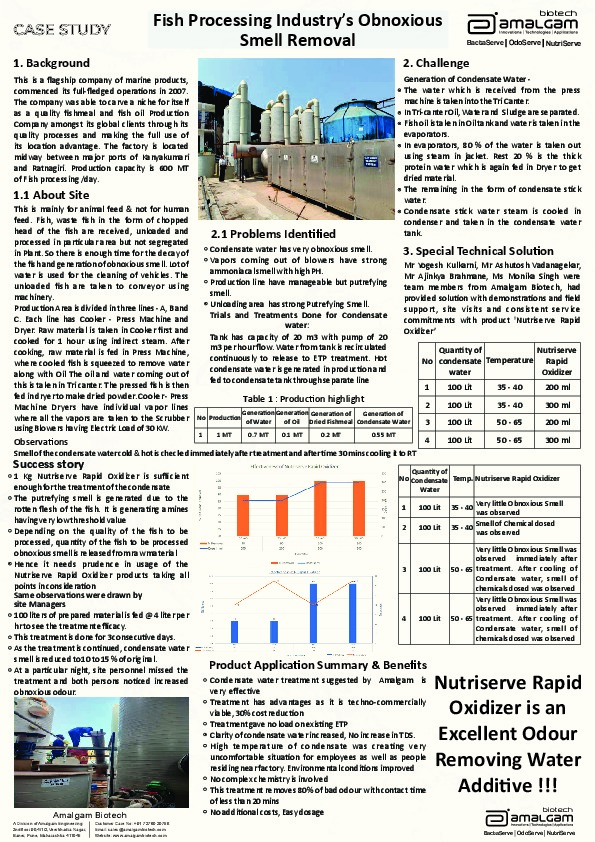 Fish Processing Industry’s Obnoxious Smell Removal From Condensate Water