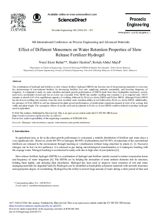 Effect of Different Monomers on Water Retention Properties of Slow Release Fertilizer Hydrogel