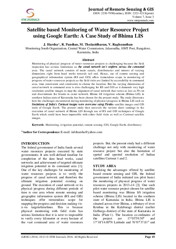 Please read the paper titled &#39;Satellite-based Monitoring of Water Resources Project using Google Earth: A case study of Bhima LIS&#39; publi...