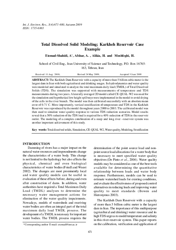 Total Dissolved Solid Modeling; Karkheh Reservoir Case Example