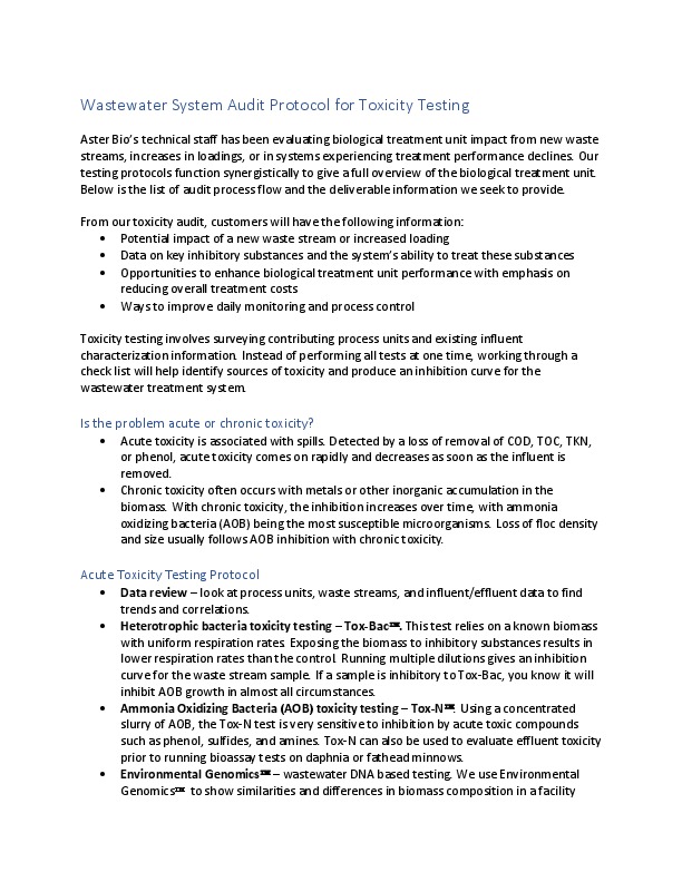 Toxicity Audits for Troubleshooting and Evaluating New Influent Streams