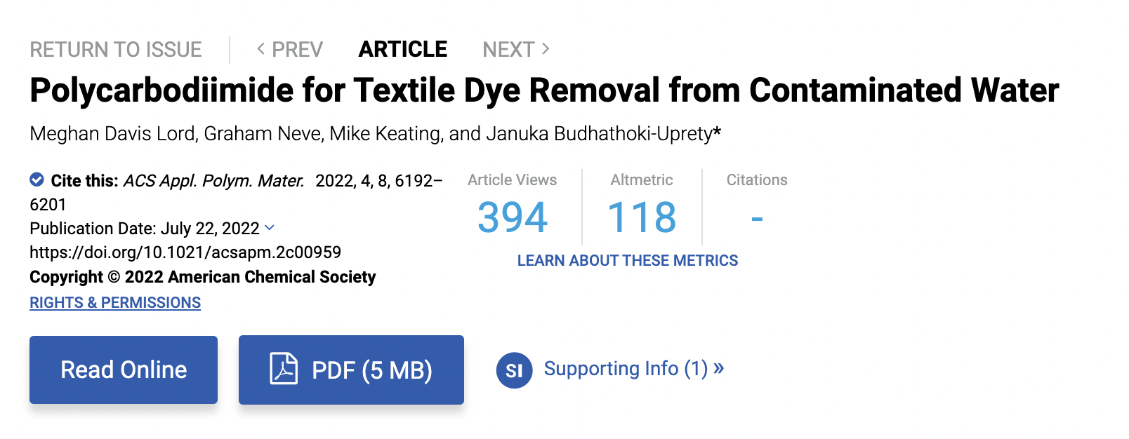 Polycarbodiimide for Textile Dye Removal from Contaminated Waterhttps://pubs.acs.org/doi/10.1021/acsapm.2c00959