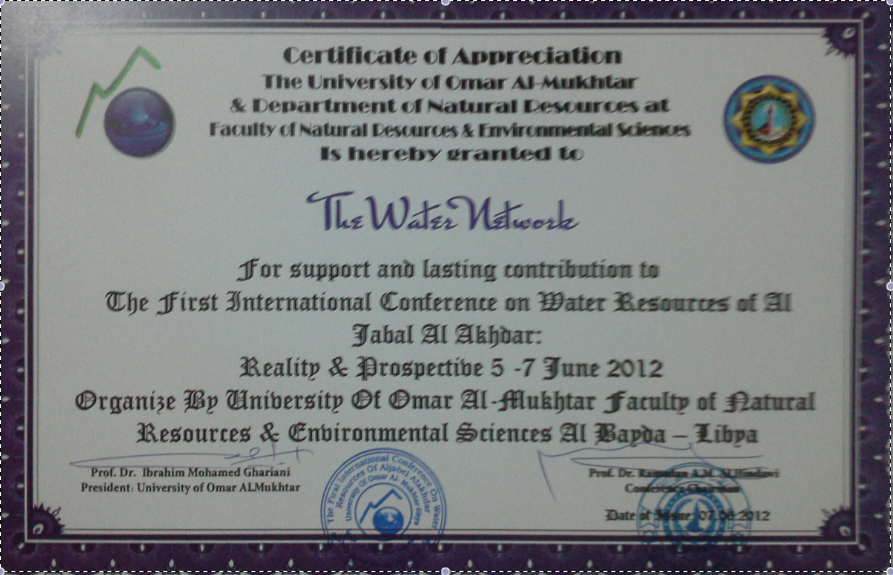The Water Network powered by TallyFox received an appreciation certificate from University of Omar Al-Mukhtar, Libya for sponsoring an online pl...