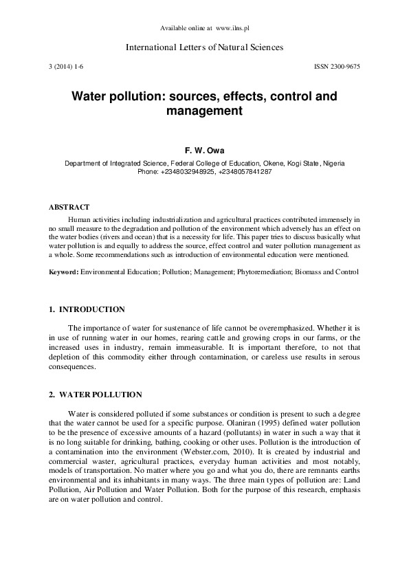 Water Pollution: Sources, Effects, Control and Management