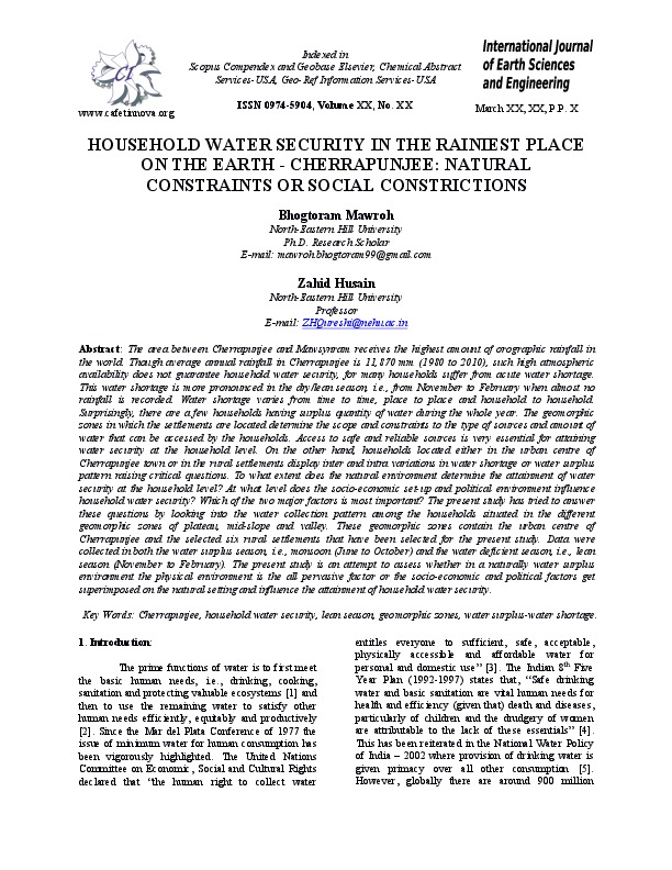 HOUSEHOLD WATER SECURITY IN THE RAINIEST PLACE ON THE EARTH - CHERRAPUNJEE: NATURAL CONSTRAINTS OR SOCIAL CONSTRICTIONS