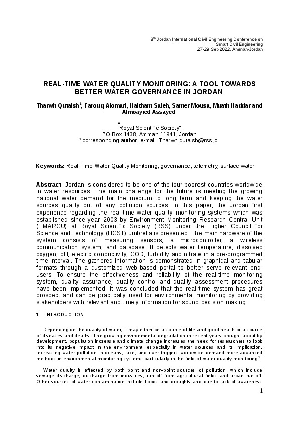 REAL-TIME WATER QUALITY MONITORING: A TOOL TOWARDS BETTER WATER GOVERNANCE IN JORDAN