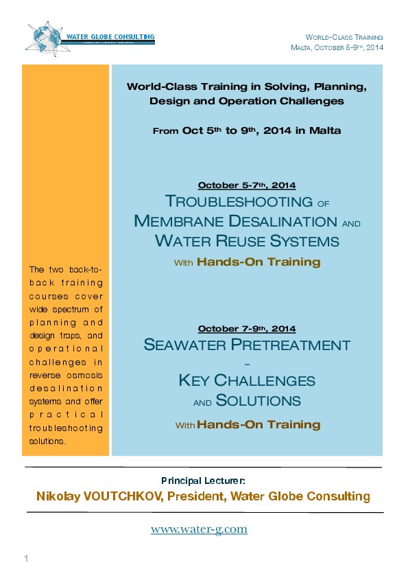 Hands on Desalination Course in Malta in October 2014