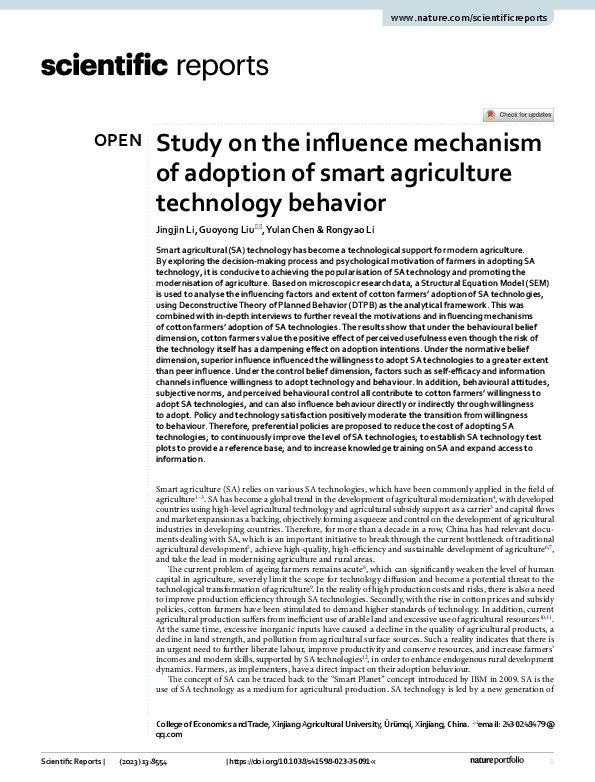 Study on the influence mechanism of adoption of smart agriculture technology behavior - Scientific ReportsJingjin Li, Guoyong Liu, Yulan Chen & ...