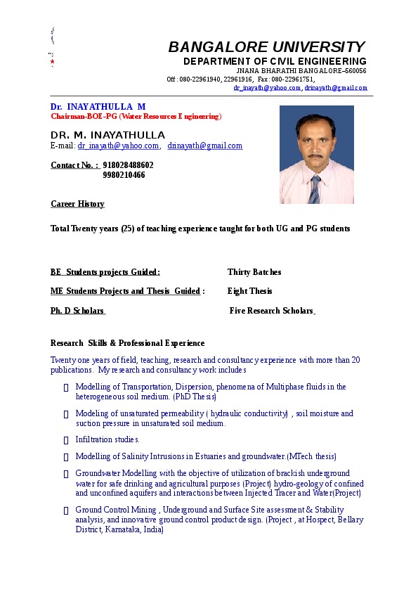 Dr. Inayathulla  Mahsool, Civil Engineering Department, UVCE, Bangalore University, Bangalore - Associate Professor