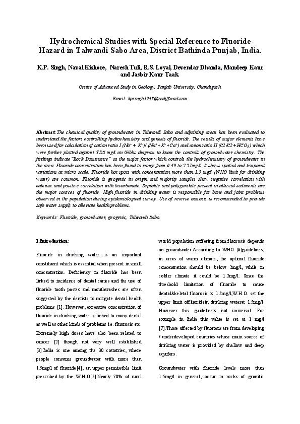 Hydrochemical Studies with Special Reference to Fluoride Hazard in Talwandi Sabo Area, District Bathinda Punjab, India.