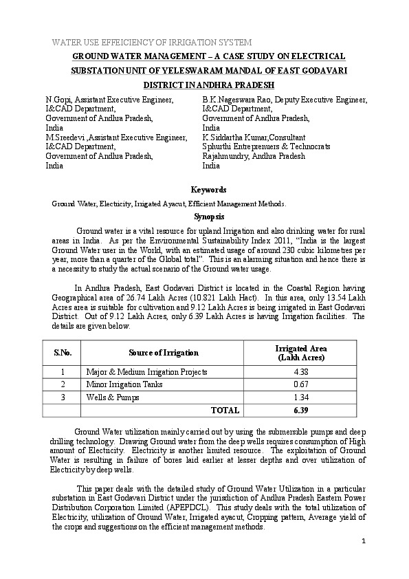 GROUND WATER MANAGEMENT – A CASE STUDY ON ELECTRICAL SUBSTATION UNIT OF YELESWARAM MANDAL OF EAST GODAVARI DISTRICT IN ANDHRA PRADESH