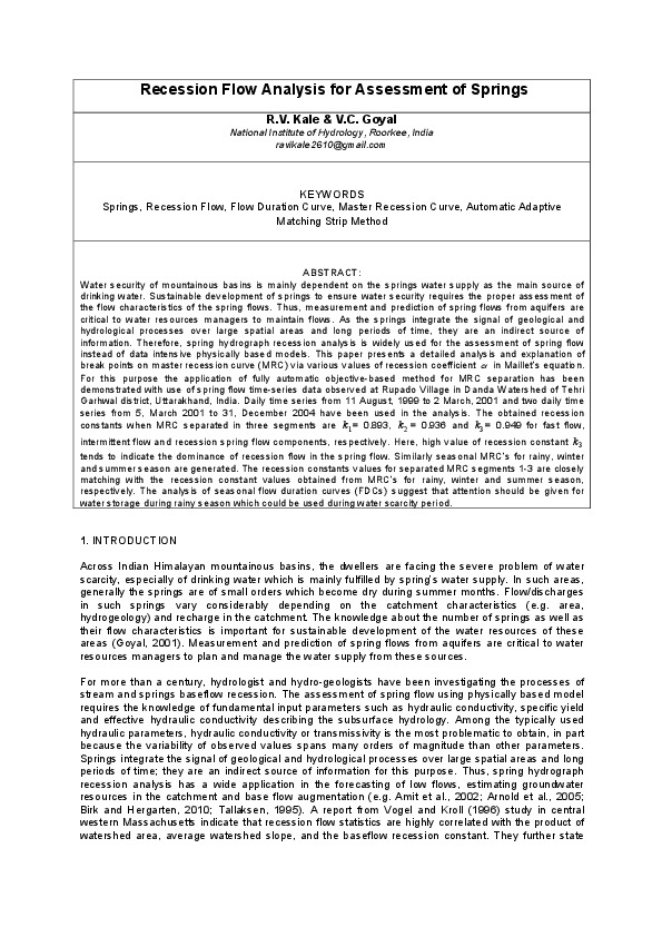 Recession Flow Analysis for Assessment of Springs