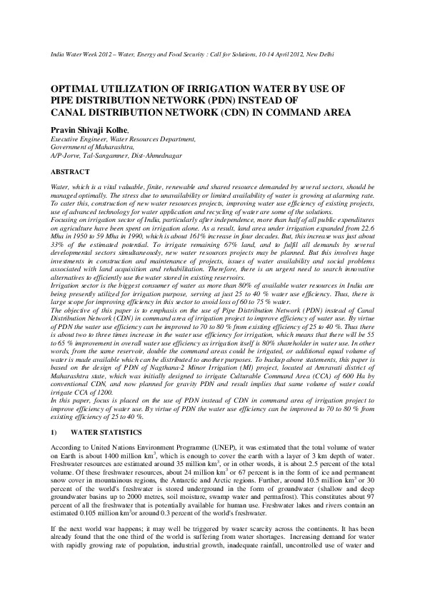 Optimal Utilization of Irrigation Water by Use of Pipe Distribution Network (PDN) Instead of Canal Distribution Network (CDN) in Command Area