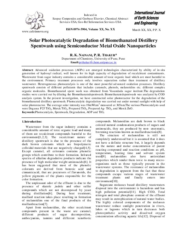 Solar Photocatalytic Degradation of Biomethanated Distillery Spentwash using Semiconductor Metal Oxide Nanoparticles