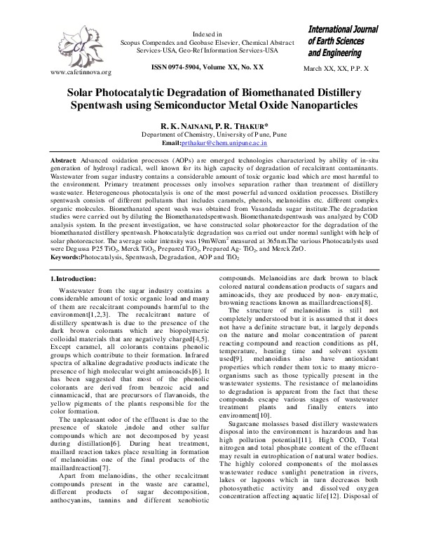 Solar Photocatalytic Degradation of Biomethanated Distillery Spentwash using Semiconductor Metal Oxide Nanoparticles