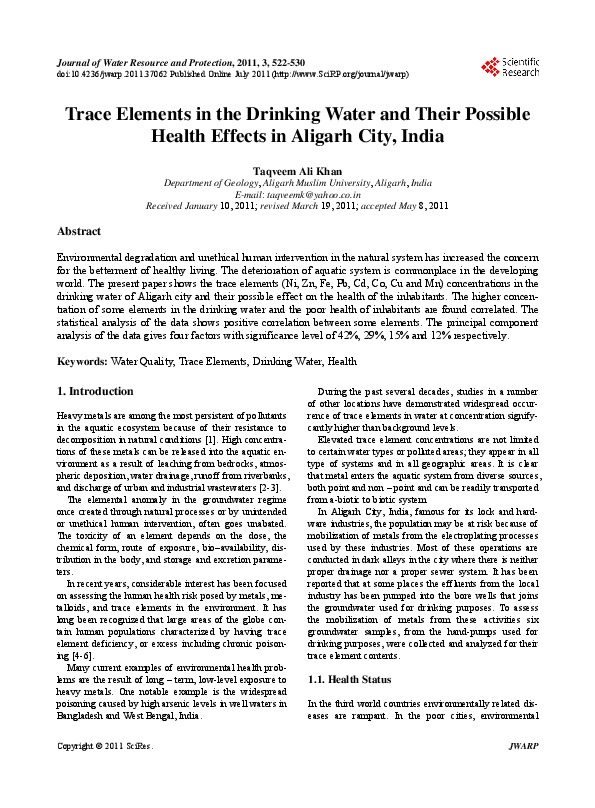 Trace Elements in the Drinking Water and Their Possible Health Effects in Aligarh City, India