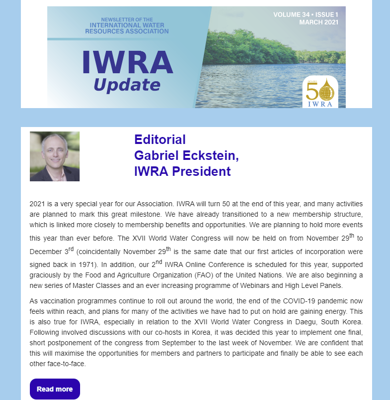 In case you missed it, read the International Water Resources Association (IWRA)'s March 2021 Newsletter❗Stay informed about latest internatio...
