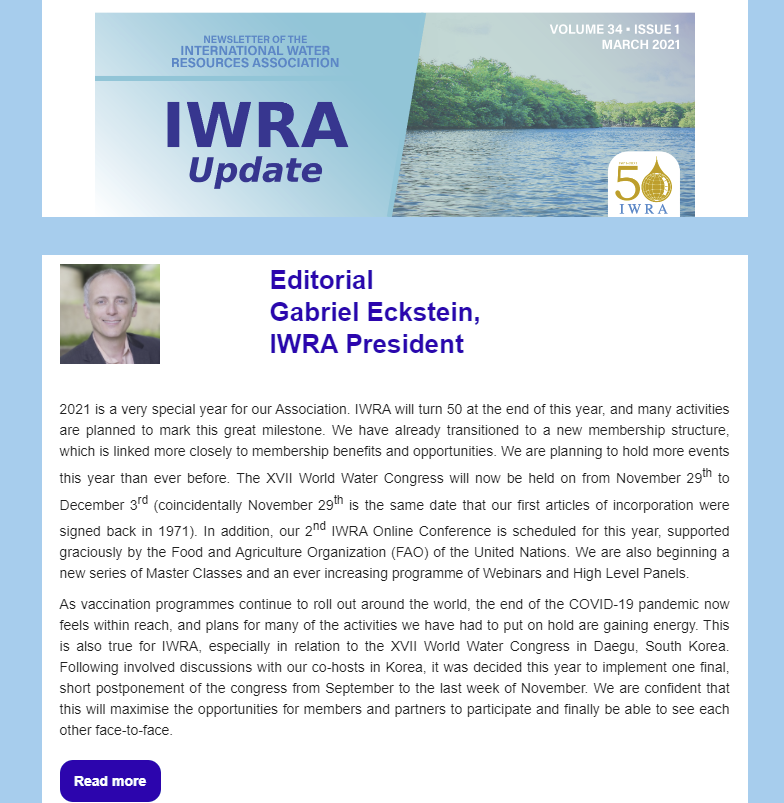 In case you missed it, read the International Water Resources Association (IWRA)&#039;s March 2021 Newsletter❗Stay informed about latest internatio...