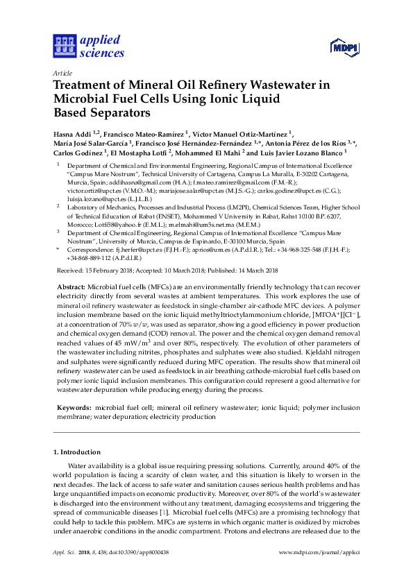 Treatment of Mineral Oil Refinery Wastewater in Microbial Fuel Cells Using Ionic Liquid Separators