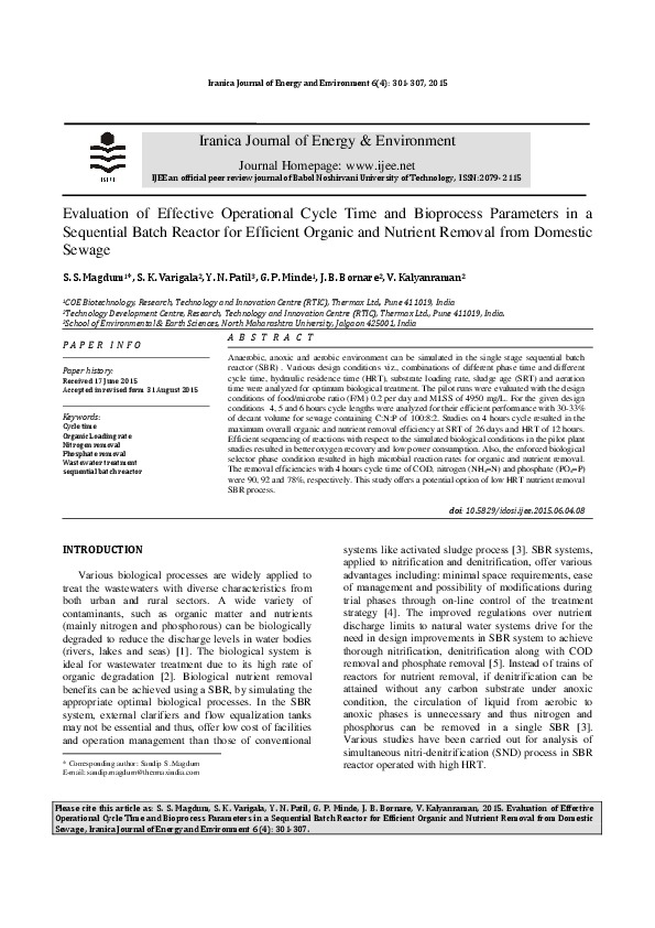 Evaluation Of Effective Operational Cycle Time Bioprocess Parameters In A Sbr For Nutrient Removal The Water Network By Aquaspe