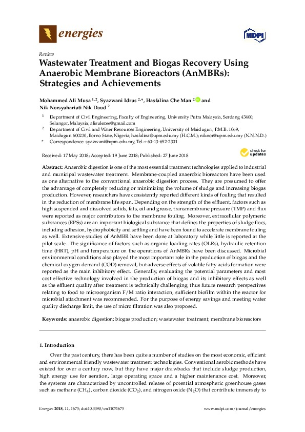 Wastewater Treatment and Biogas Recovery Using Anaerobic Membrane Bioreactors