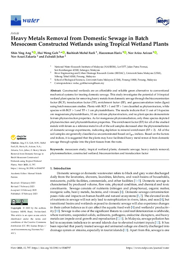 Heavy Metals Removal from Domestic Sewage in Constructed Wetlands using Tropical Wetland Plants