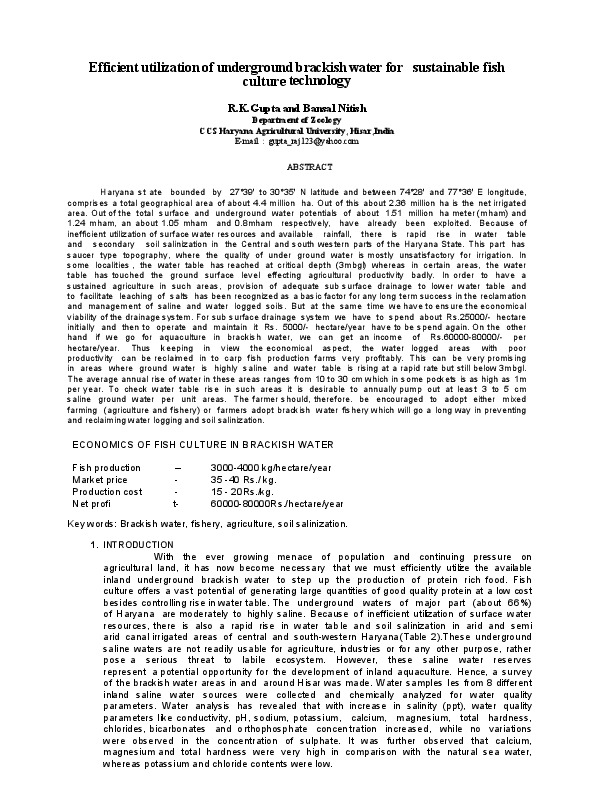 Efficient utilization of underground brackish water for sustainable fish culture technology