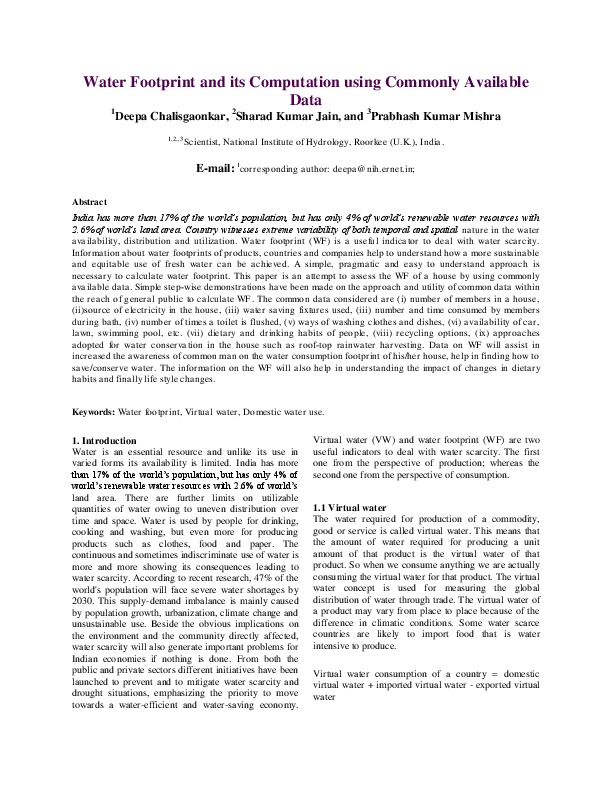 Water Footprint and its Computation using Commonly Available Data