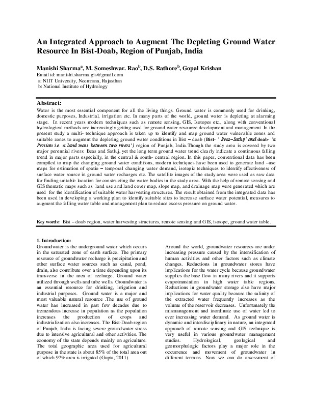 An Integrated Approach to Augment The Depleting Ground Water Resource In Bist-Doab, Region of Punjab, India
