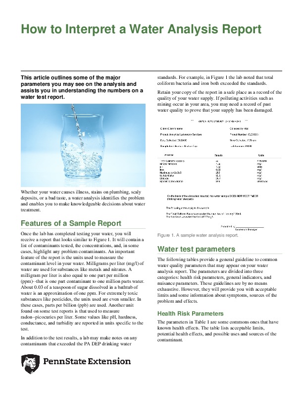 How to Interpret a Water Analysis Report, 2018, The Pennsylvania State University