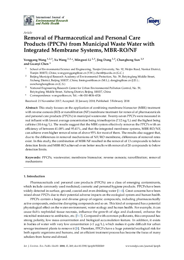 Removal of Pharmaceutical and Personal Care Products from Municipal Waste Water with MBR-RO/NF