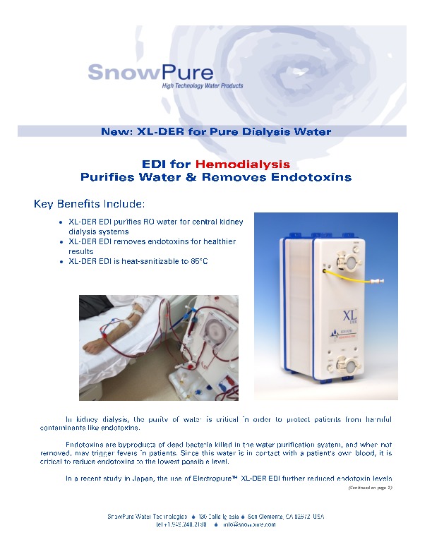 XL-DER: High Temperature Stable EDI for Hemodialysis (Endotoxin Removal in preparation for Kidney Dialysis)