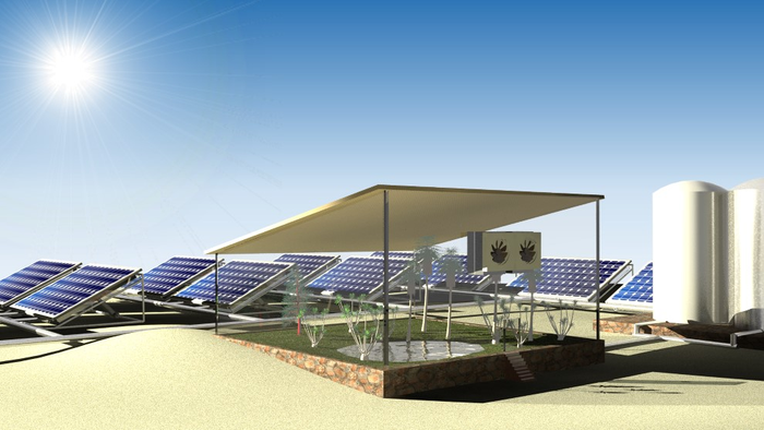 These solar panels pull in water vapor to grow crops in the desert