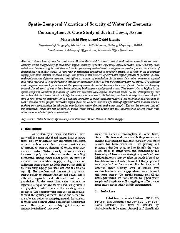 Spatio-Temporal Variation of Scarcity of Water for Domestic Consumption: A Case Study of Jorhat Town, Assam