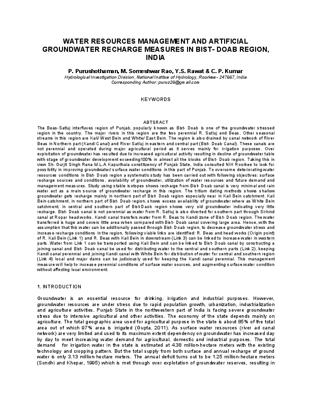 WATER RESOURCES MANAGEMENT AND ARTIFICIAL GROUNDWATER RECHARGE MEASURES IN BIST- DOAB REGION, INDIA