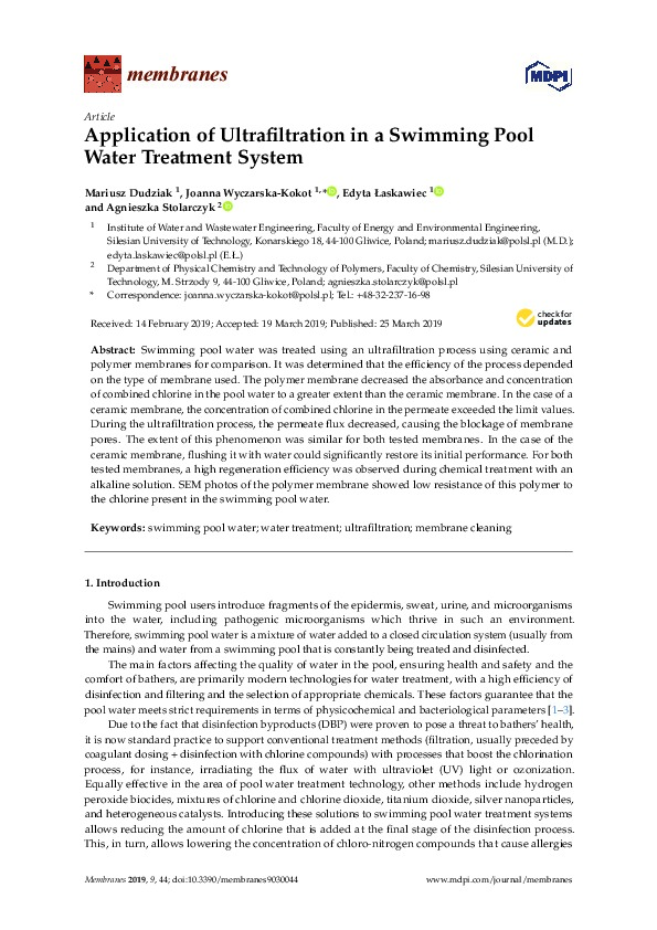 Application of Ultrafiltration in a Swimming Pool Water Treatment System