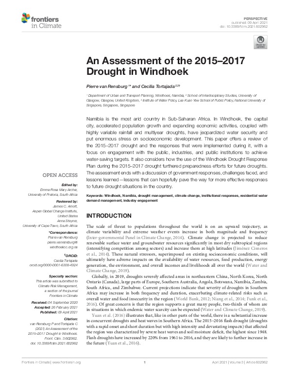 An Assessment of the 2015–2017 Drought in Windhoek