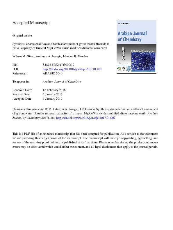 Groundwater fluoride removal capacity of trimetal Mg/Ce/Mn oxide-modified diatomaceous earth