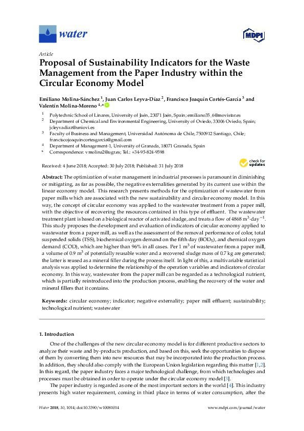 Sustainability Indicators for the Waste Management from the Paper Industry within the CE  Model