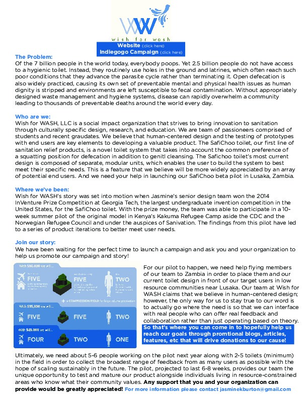 Wish for WASH: Bringing Innovation to Sanitation My name is Jasmine Burton and I am writing to you because my social start up called Wish for WA...